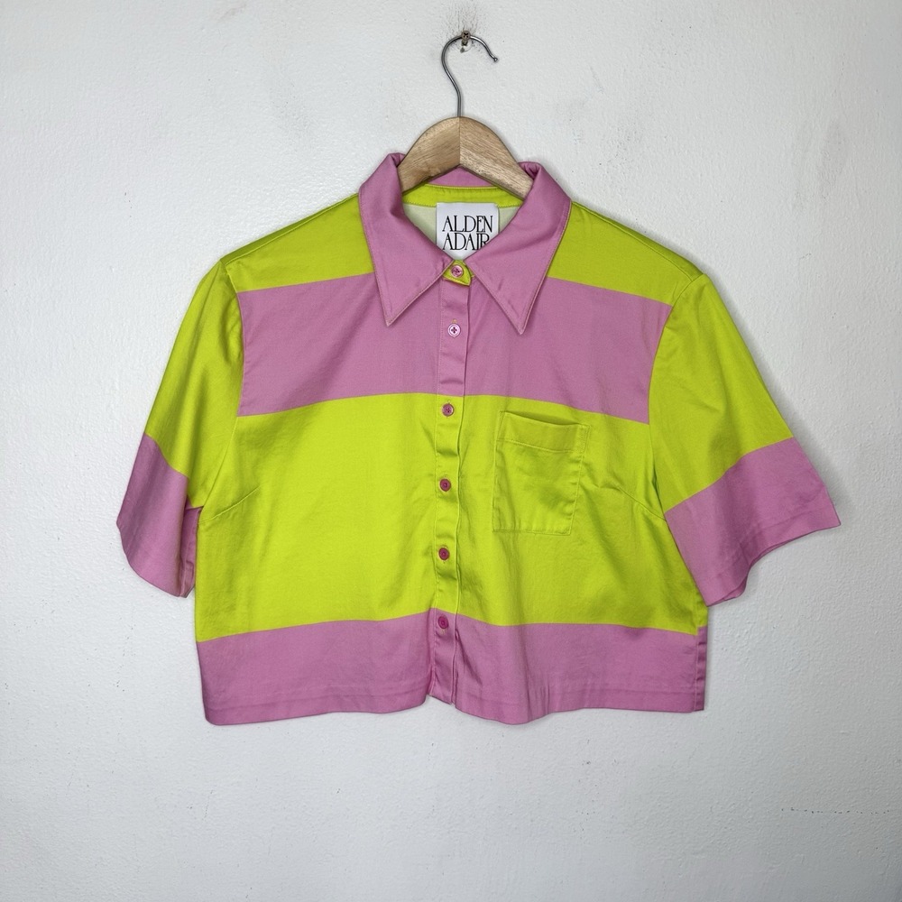 Alden Adair Cabana Stripe Remi Cropped Top Button Up Pink Resortwear Women's XS